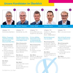 FDP Bad Dürrheim Kandidaten Kreistagswahl 2024: Dr. Andrea Kanold, Michael Rebholz, Volker Weiß, Markus Barho, Jürgen Rebholz